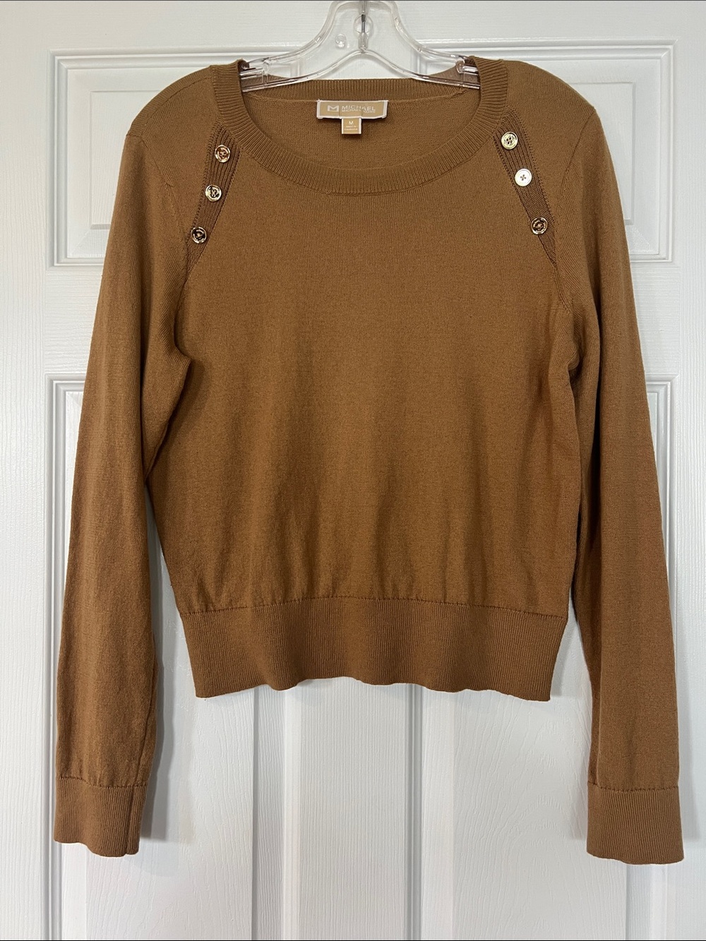 Michael Kors Brown Button-Shoulder Crewneck Sweater